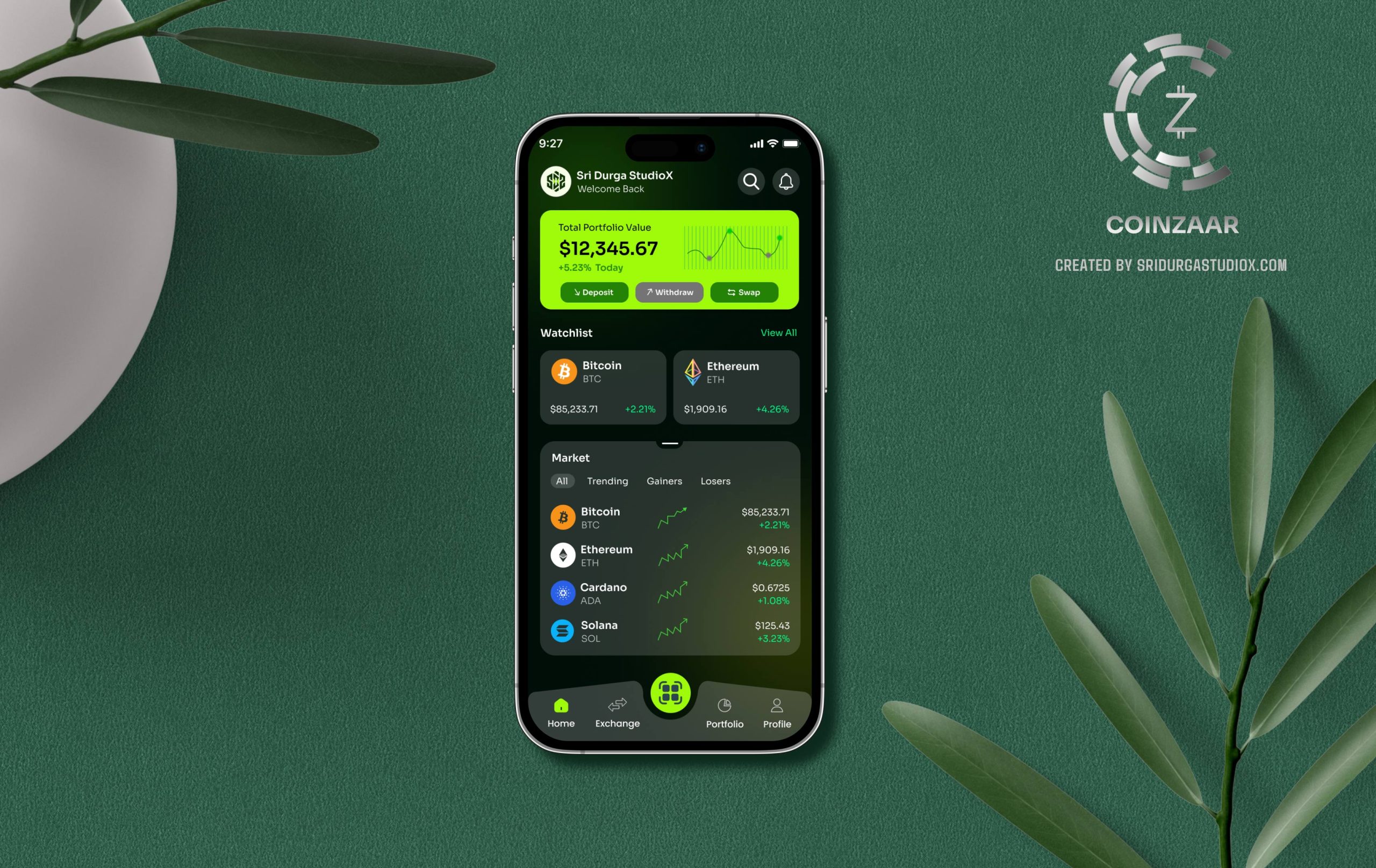 Dark mode cryptocurrency trading app interface design - Coin Zaar by Sri Durga StudioX